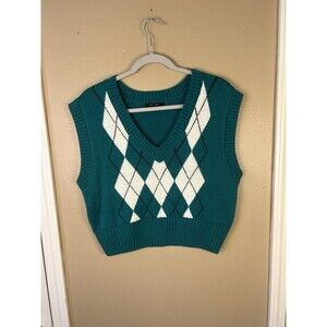 Green Crop Argyle Sweater Vest Academia Nerdy Preppy School Girl Pullover Large